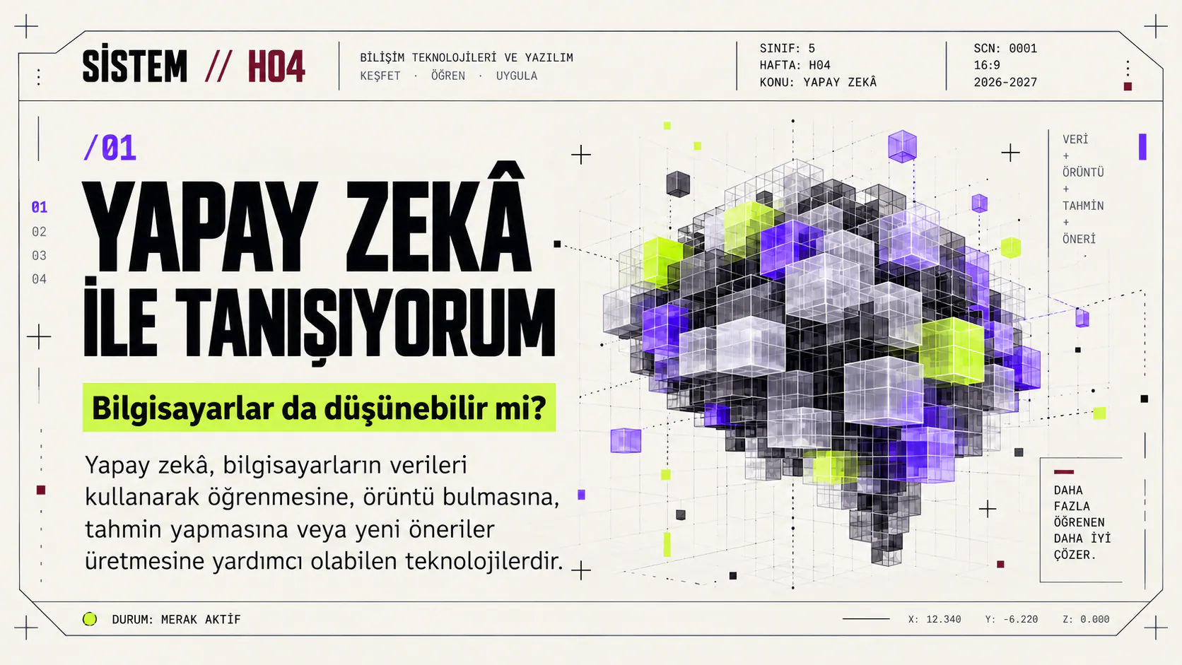 5. sınıf H04 sunumunun Yapay zekâ ile tanışıyorum başlıklı ilk ekranı